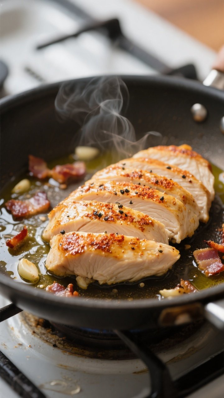 Cooking process, close-up detail: Sliced, just-seared chicken breast in a skillet, golden-browned fr