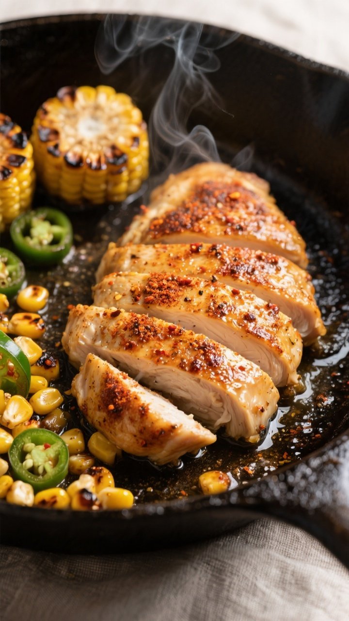 Cooking process, close-up detail: Sliced, spice-rubbed chicken searing in a cast-iron skillet, golde