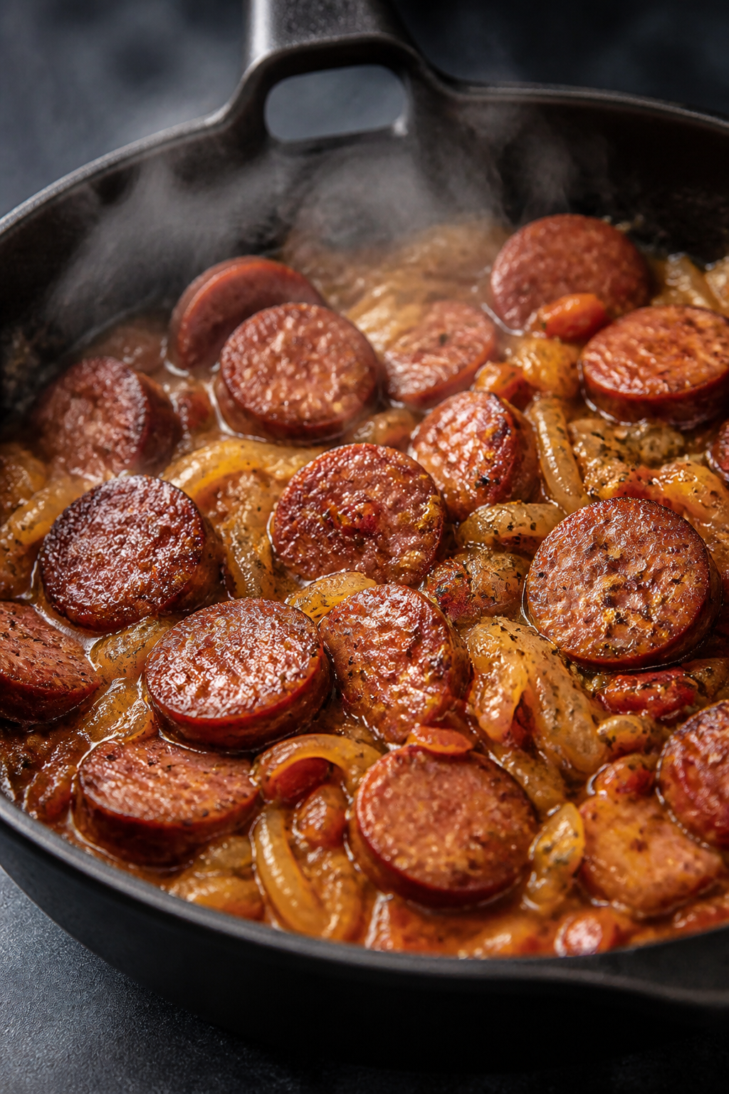 Cooking process, close-up detail: Slices of browned smoked sausage sizzling in a deep skillet with t