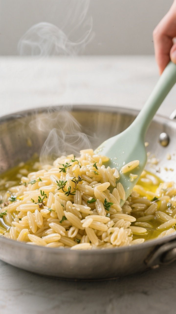 Cooking process, close-up detail: Warm orzo just drained and tossed with glossy lemon-oregano dressi