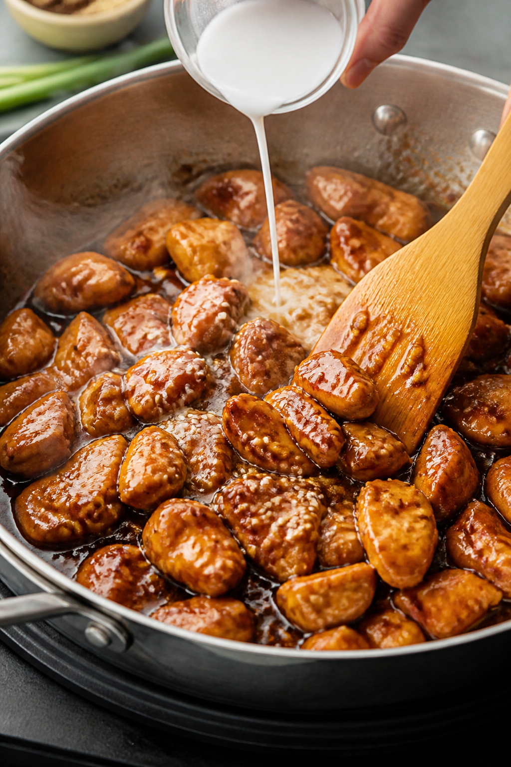 Cooking process close-up: Diced chicken sizzling in a wide stainless skillet, coated in a glossy ter