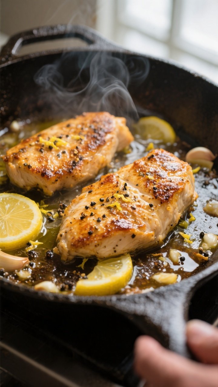 Cooking process, close-up: Golden-brown lemon pepper chicken cutlets sizzling in a cast-iron skillet