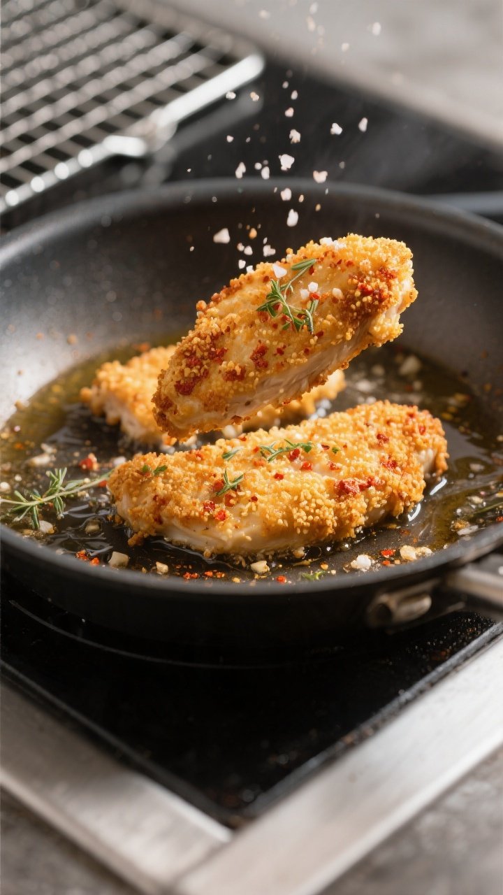 Cooking process close-up: Golden, crispy chicken tenders sizzling in a skillet with 1/4 inch of oil,