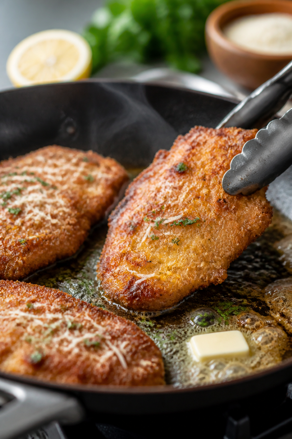 Cooking process close-up: Golden Parmesan-breadcrumb crust sizzling in a shallow layer of shimmering