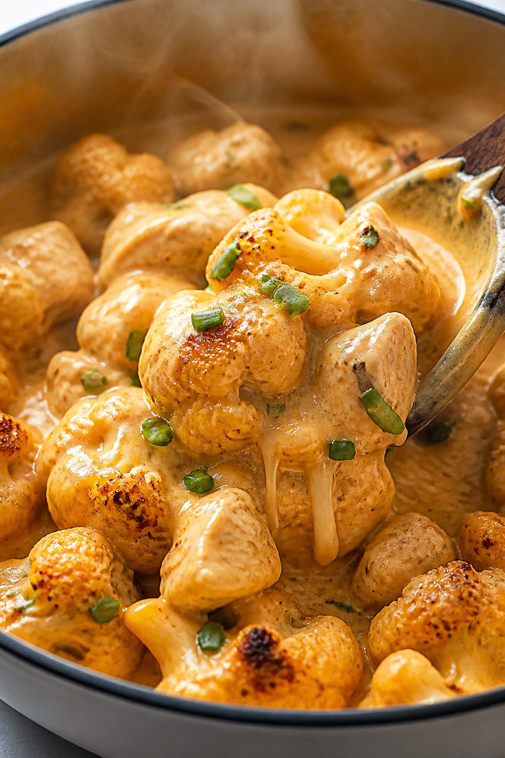 Cooking process close-up: Golden roasted cauliflower florets and tender cubed chicken being folded i