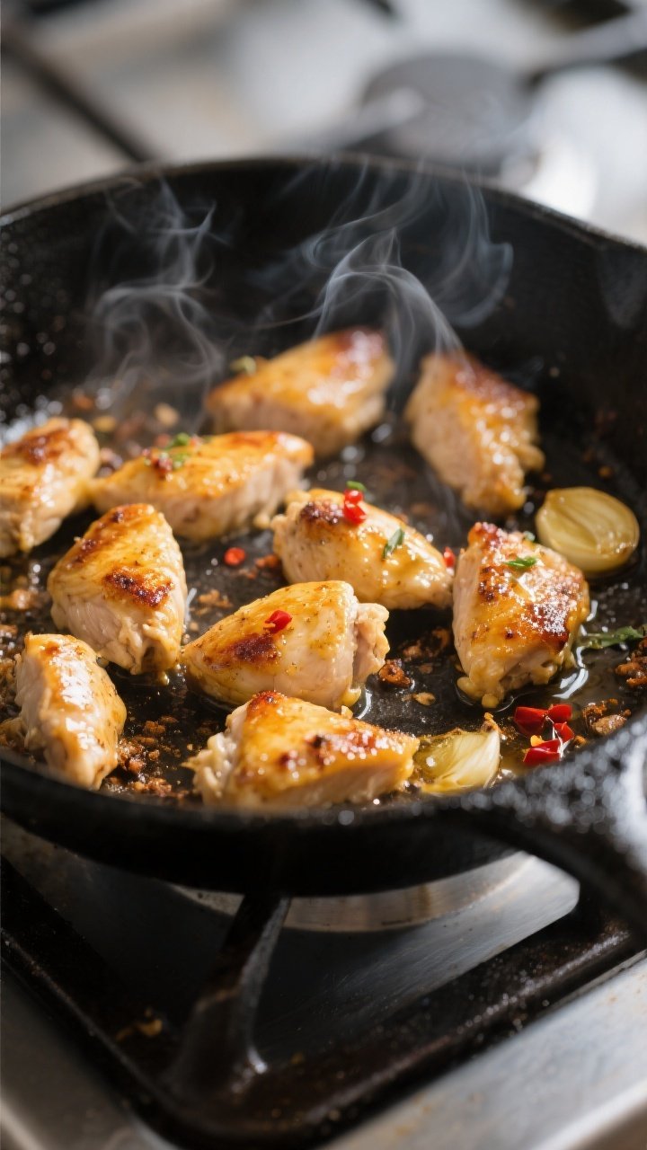 Cooking process close-up: Golden-seared bite-size chicken pieces sizzling in a black cast-iron skill