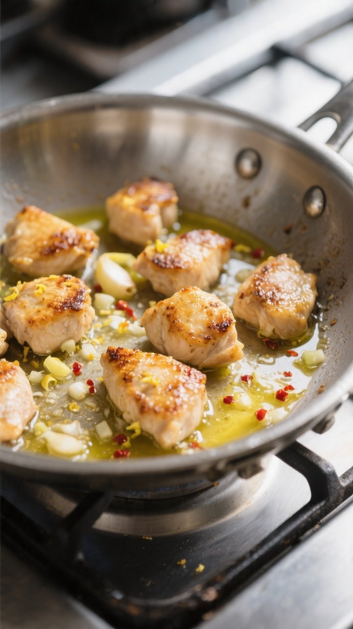 Cooking process, close-up: Golden-seared chicken bites in a stainless steel skillet, glistening in o