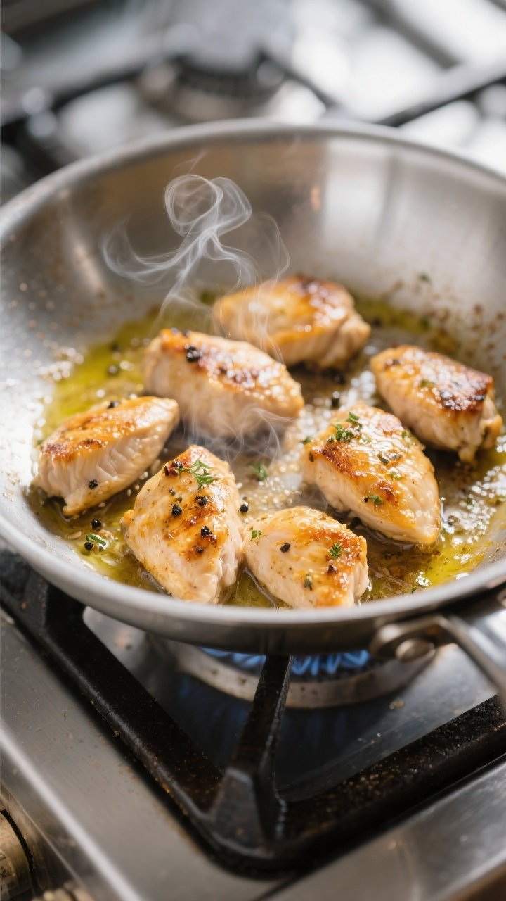 Cooking process close-up: Golden-seared chicken bites sizzling in a stainless-steel skillet over med
