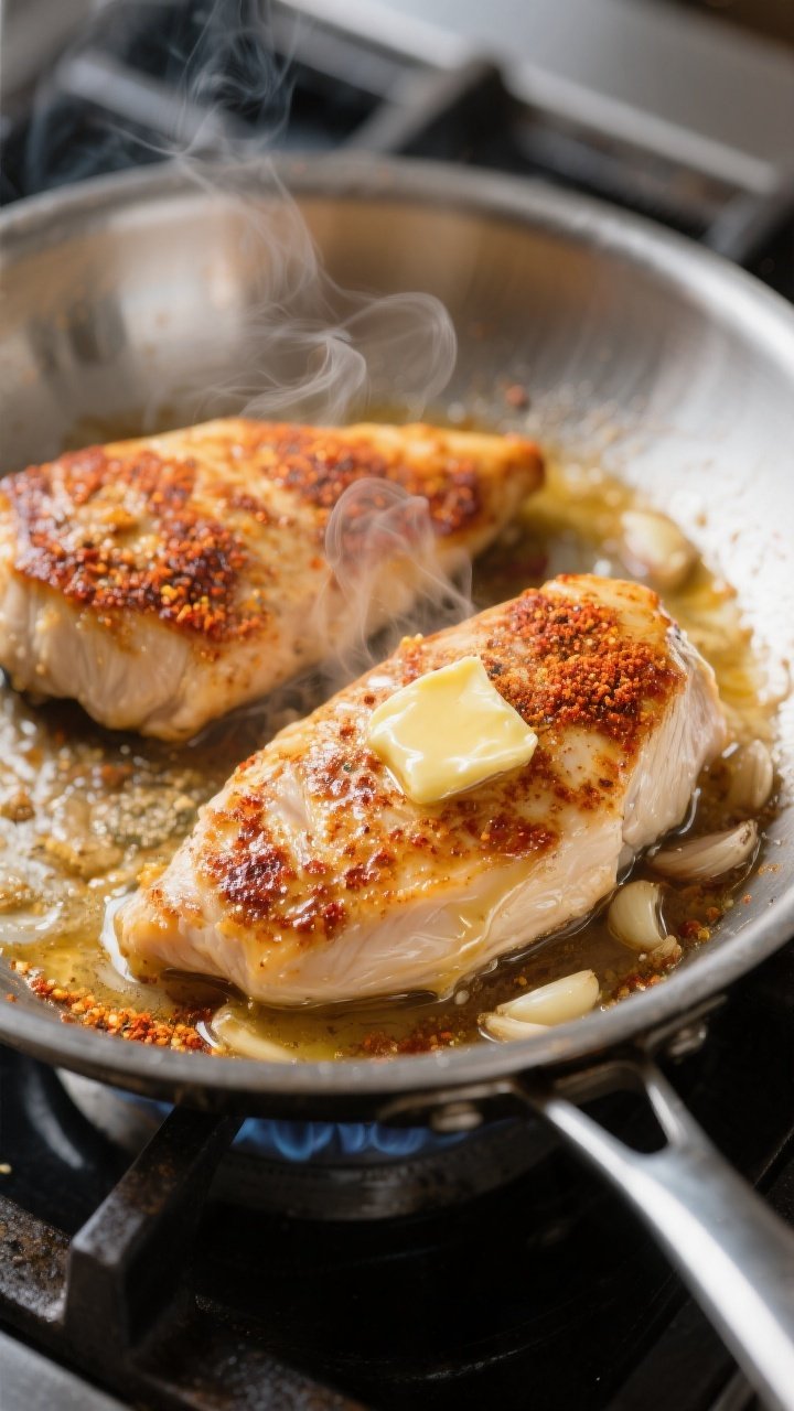 Cooking process close-up: Golden-seared chicken breasts in a stainless-steel skillet, spice-crusted 