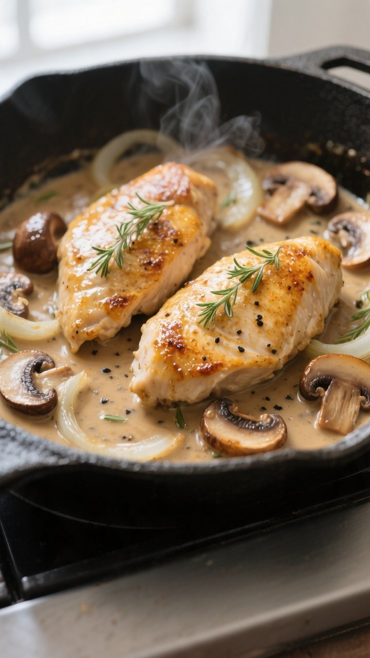 Cooking process close-up: Golden-seared chicken breasts nestled back into a skillet of glossy, cream