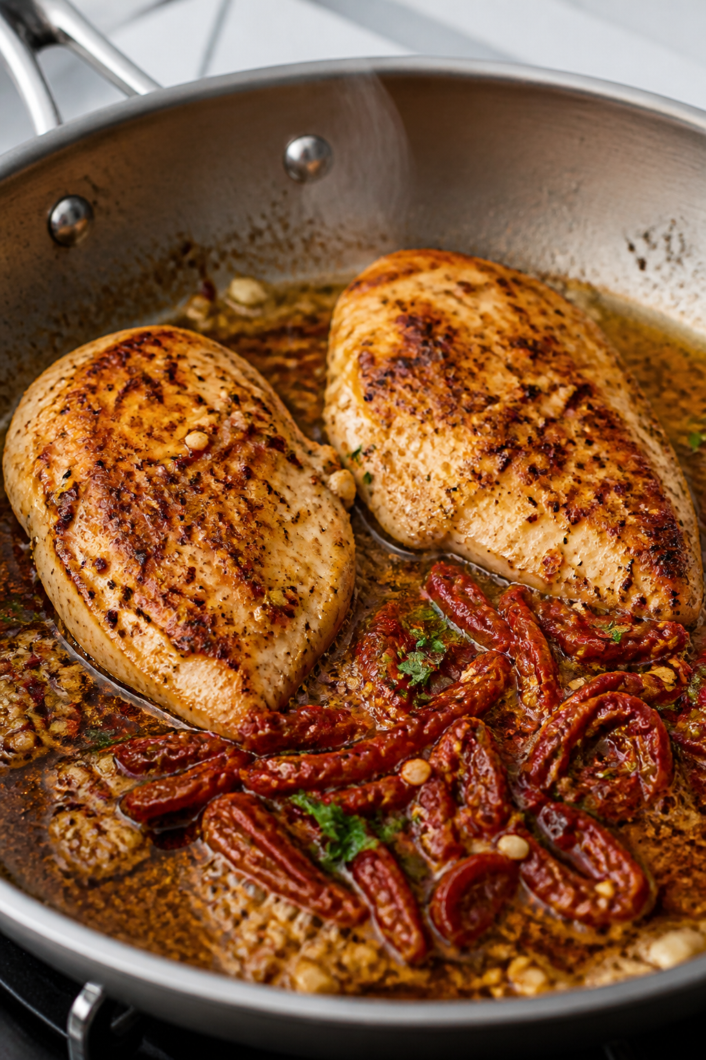 Cooking process close-up: Golden-seared chicken breasts nestled in a skillet as butter melts with mi