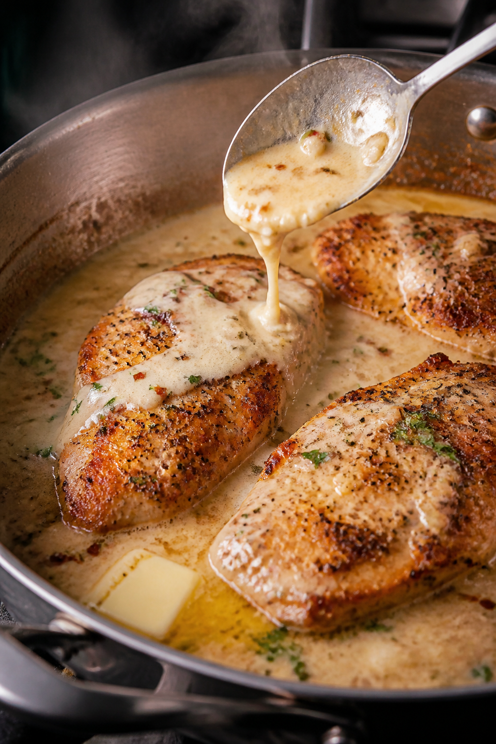 Cooking process close-up: Golden-seared chicken cutlets in a large skillet, bathed in a silky, simme
