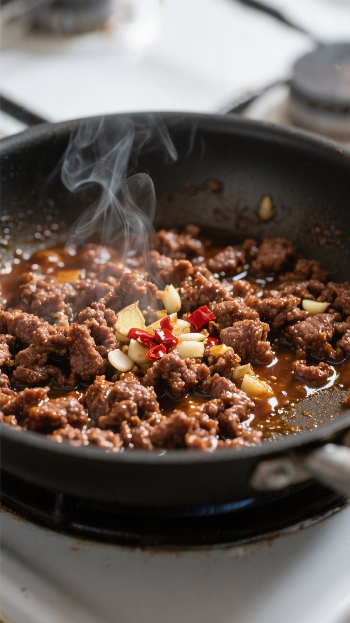 Cooking process close-up: Ground beef sizzling in a wide skillet at medium-high heat, browned and ca