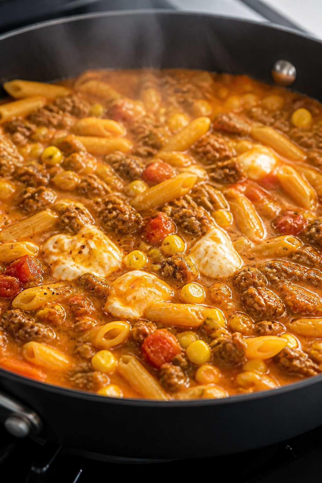 Cooking process close-up: Ground beef taco pasta simmering in a deep skillet, showing browned, cragg