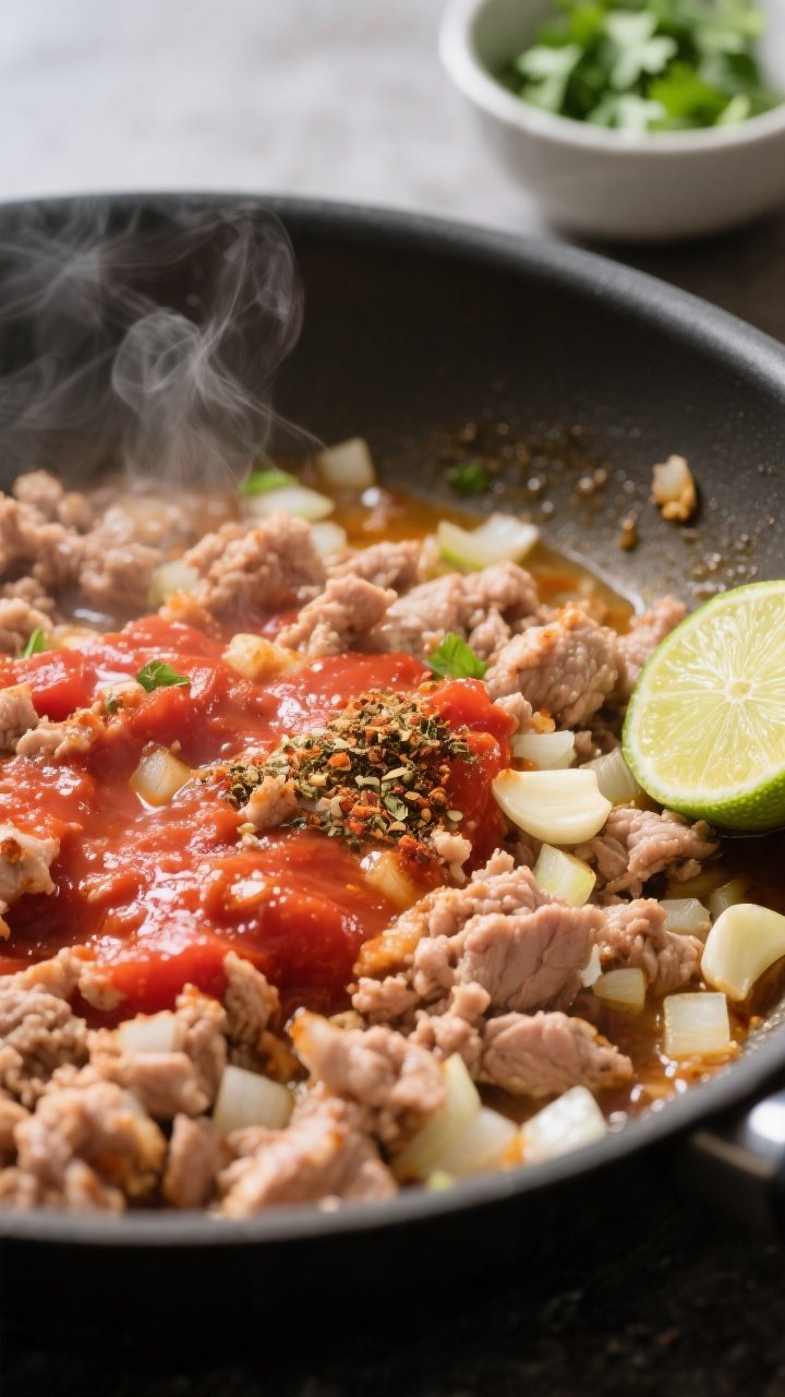 Cooking process close-up: Ground turkey browning in a wide skillet with softened diced onion and gar