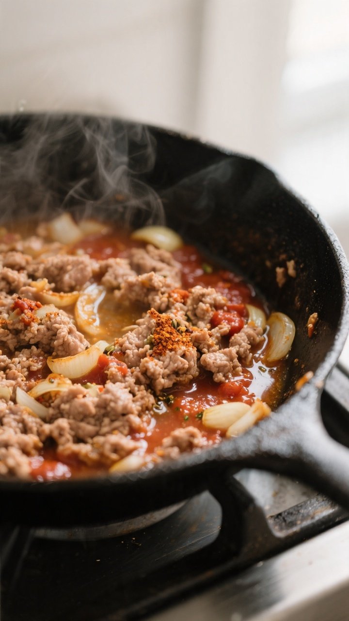 Cooking process close-up: Ground turkey browning in a skillet after sautéing onions and garlic, coa