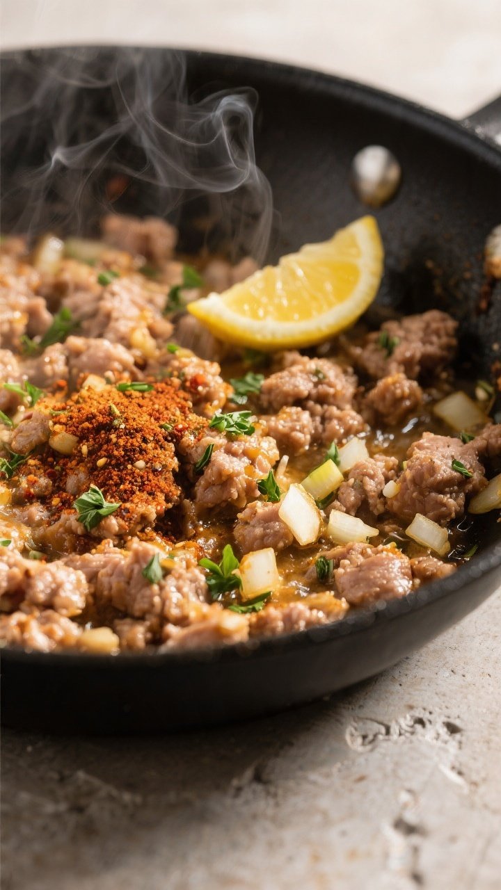 Cooking process close-up: Ground turkey sizzling in a wide skillet just after browning, coated in a