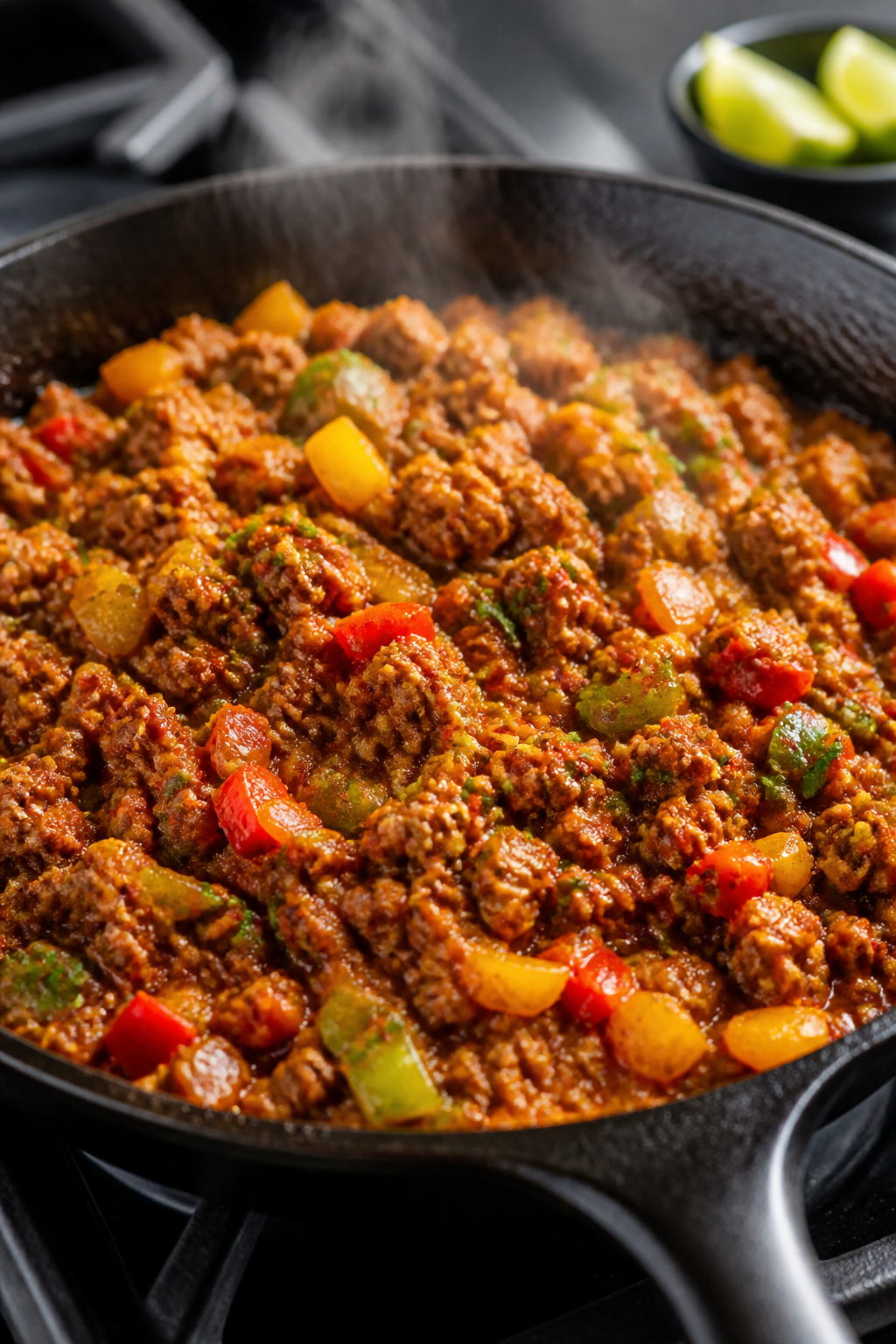 Cooking process close-up: Ground turkey taco filling sizzling in a cast-iron skillet, onions and dic