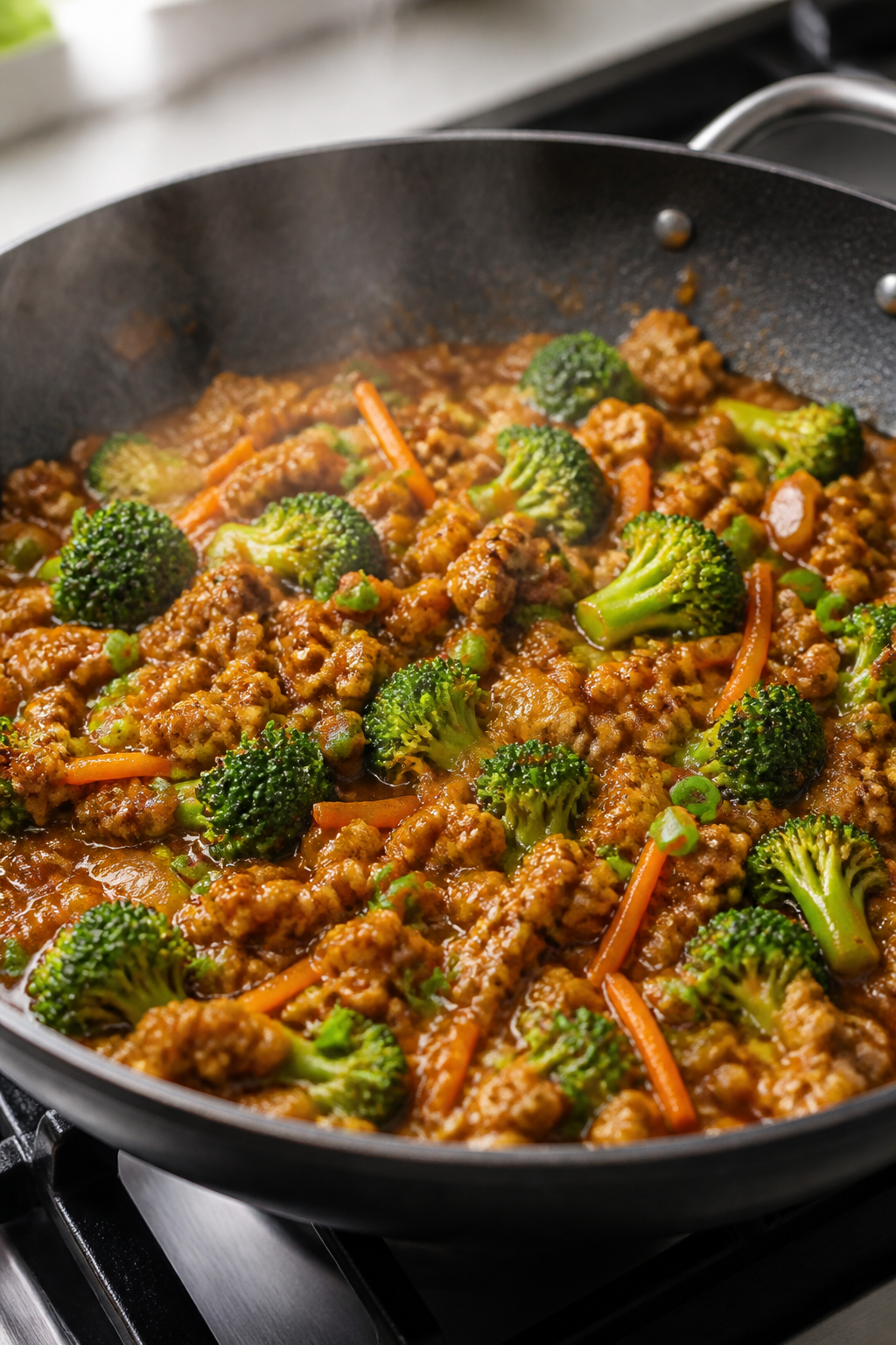 Cooking process close-up: Ground turkey teriyaki simmering in a wide nonstick skillet, turkey crumbl