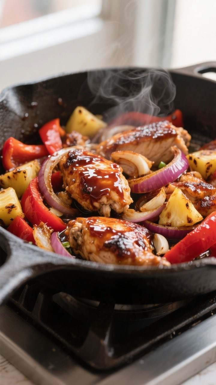 Cooking process close-up: In a large skillet, glossy BBQ chicken tossed with sautéed red onion and