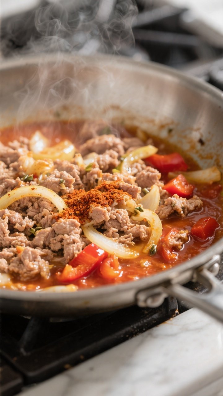 Cooking process close-up: Lean ground turkey browning in a wide stainless skillet with sautéed gold