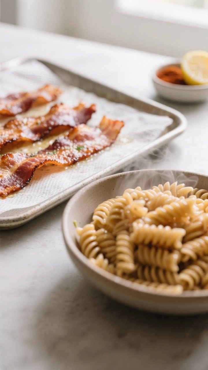 Cooking process: Close-up of crispy center-cut bacon cooling on a paper towel–lined tray next to a
