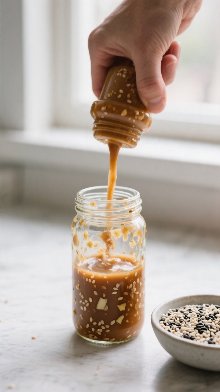 Cooking process: Close-up of sesame dressing being shaken in a clear glass jar until emulsified, sil
