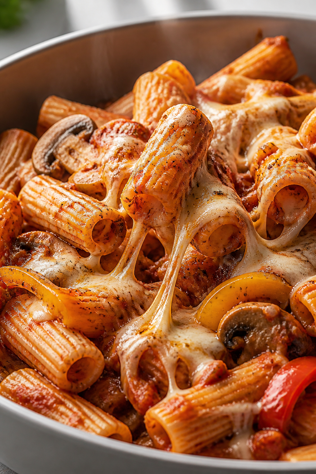 Cooking process close-up: Rigatoni and marinara being folded together in a large bowl with melted mo