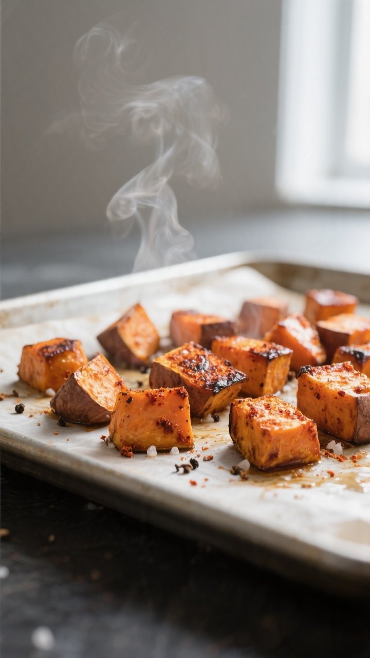 Cooking process close-up: Roasted sweet potato cubes on a parchment-lined sheet pan just after flipp