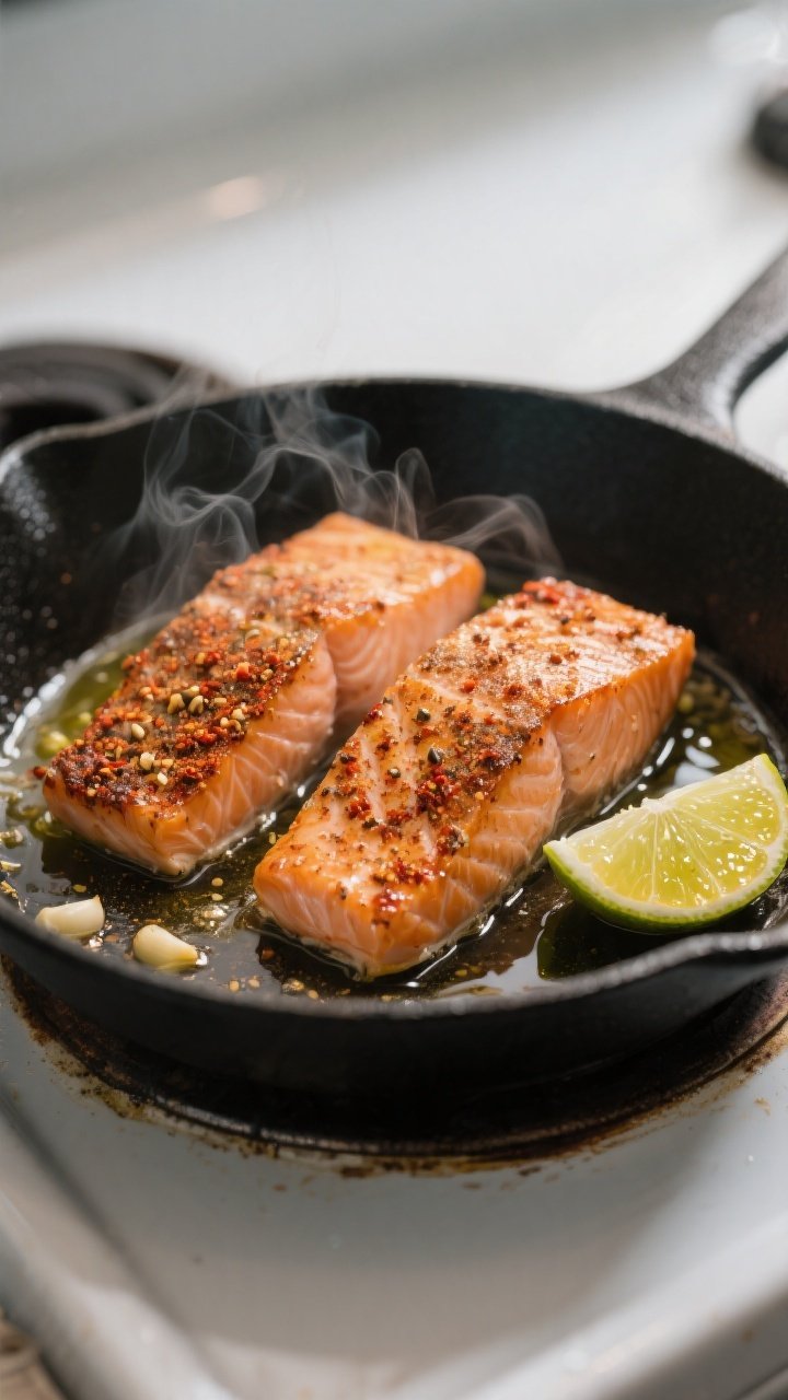 Cooking process close-up: Salmon fillets in a hot skillet, skin-side down, edges crisping and spice 