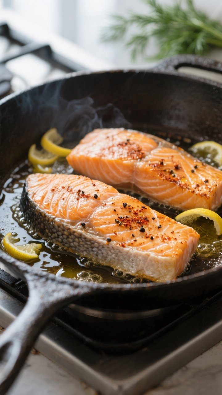 Cooking process, close-up: Salmon fillets searing skin-side down in a well-seasoned skillet, edges j