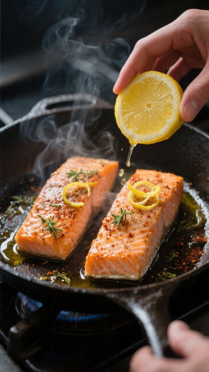 Cooking process close-up: Salmon fillets searing skin-side down in a cast-iron skillet, edges turnin