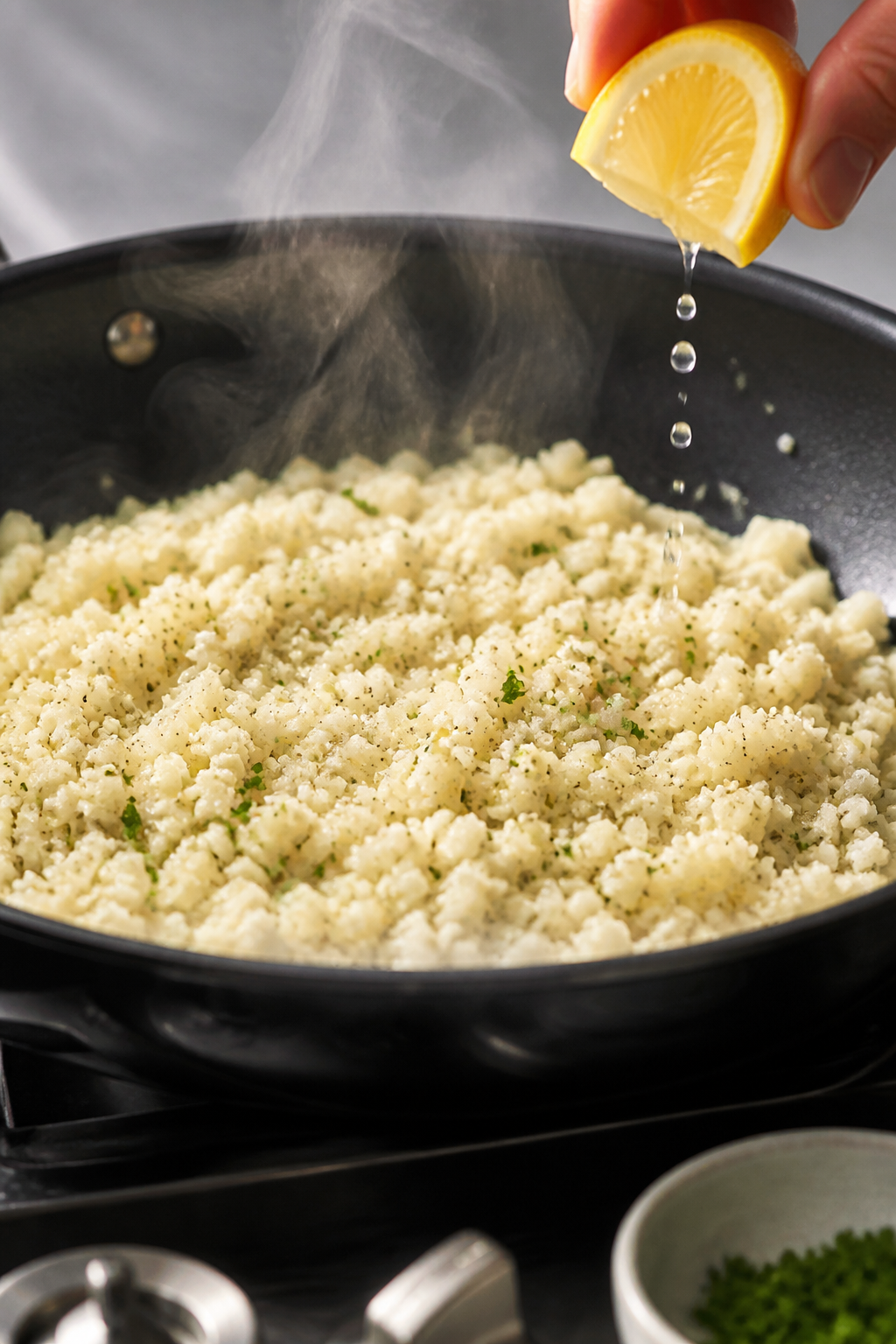 Cooking process close-up: Sautéed cauliflower rice in a wide black skillet, tender but not mushy, s