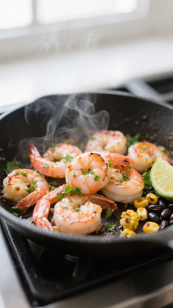 Cooking process close-up: Sautéed cilantro-lime shrimp searing in a hot skillet, light char on curl