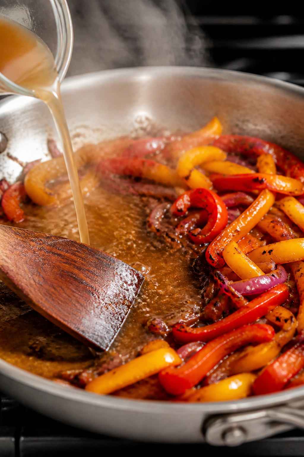 Cooking process close-up: Sautéed red and yellow bell peppers and red onion ribbons in a large skil