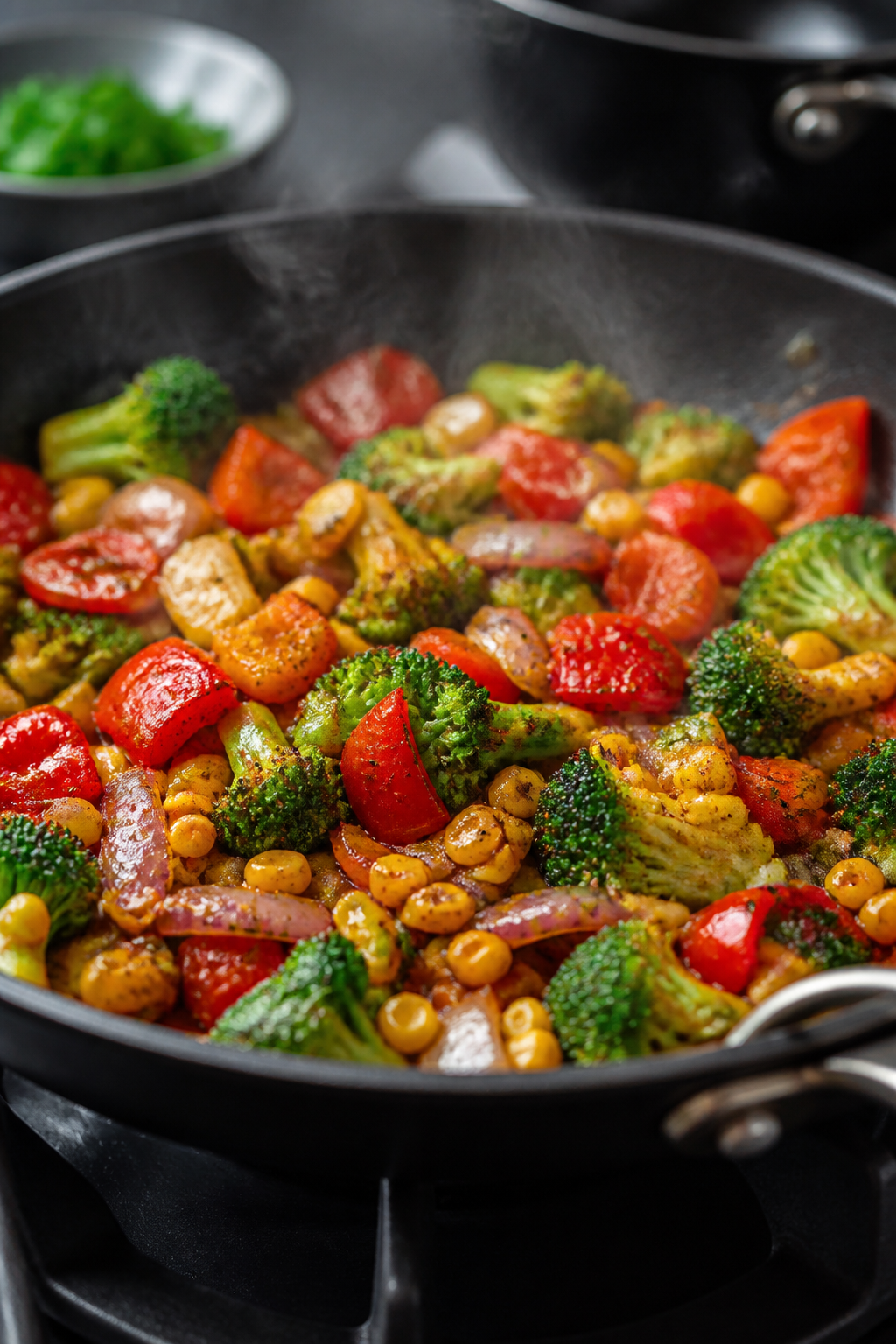 Cooking process close-up: Sautéed veggie medley for the casserole sizzling in a wide skillet—soft