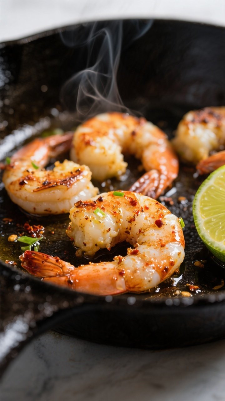 Cooking process, close-up sear: Chili-lime marinated shrimp sizzling in a hot skillet, mid-sear with