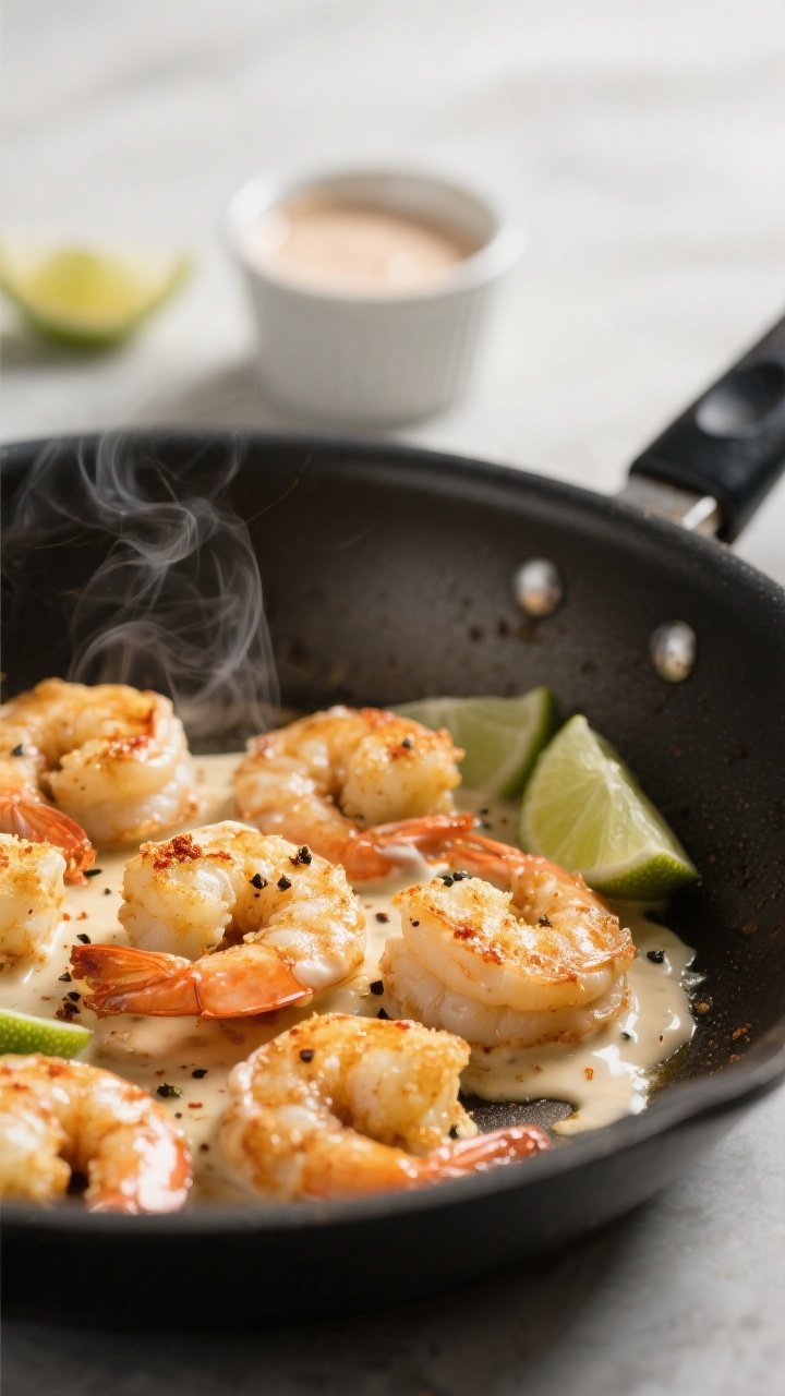 Cooking process, close-up: Searing bang bang shrimp in a hot nonstick skillet, golden, lightly crisp
