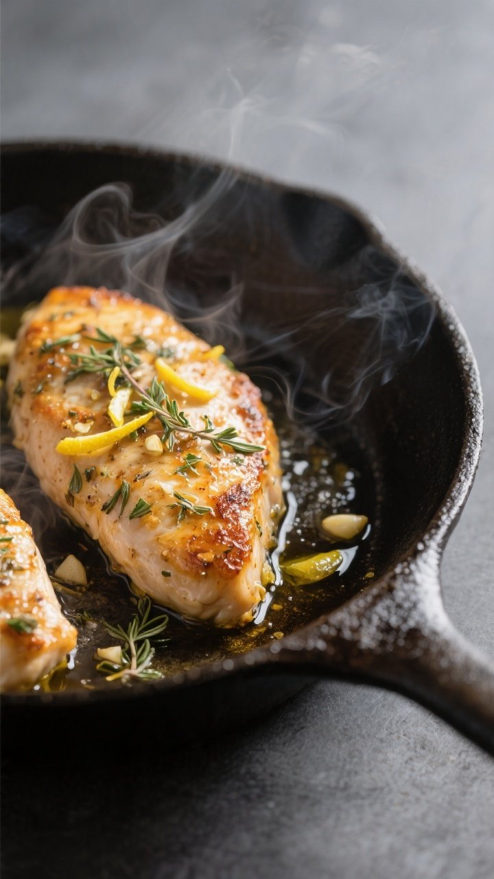 Cooking process close-up: Searing lemon-herb marinated chicken breasts in a cast-iron skillet, golde