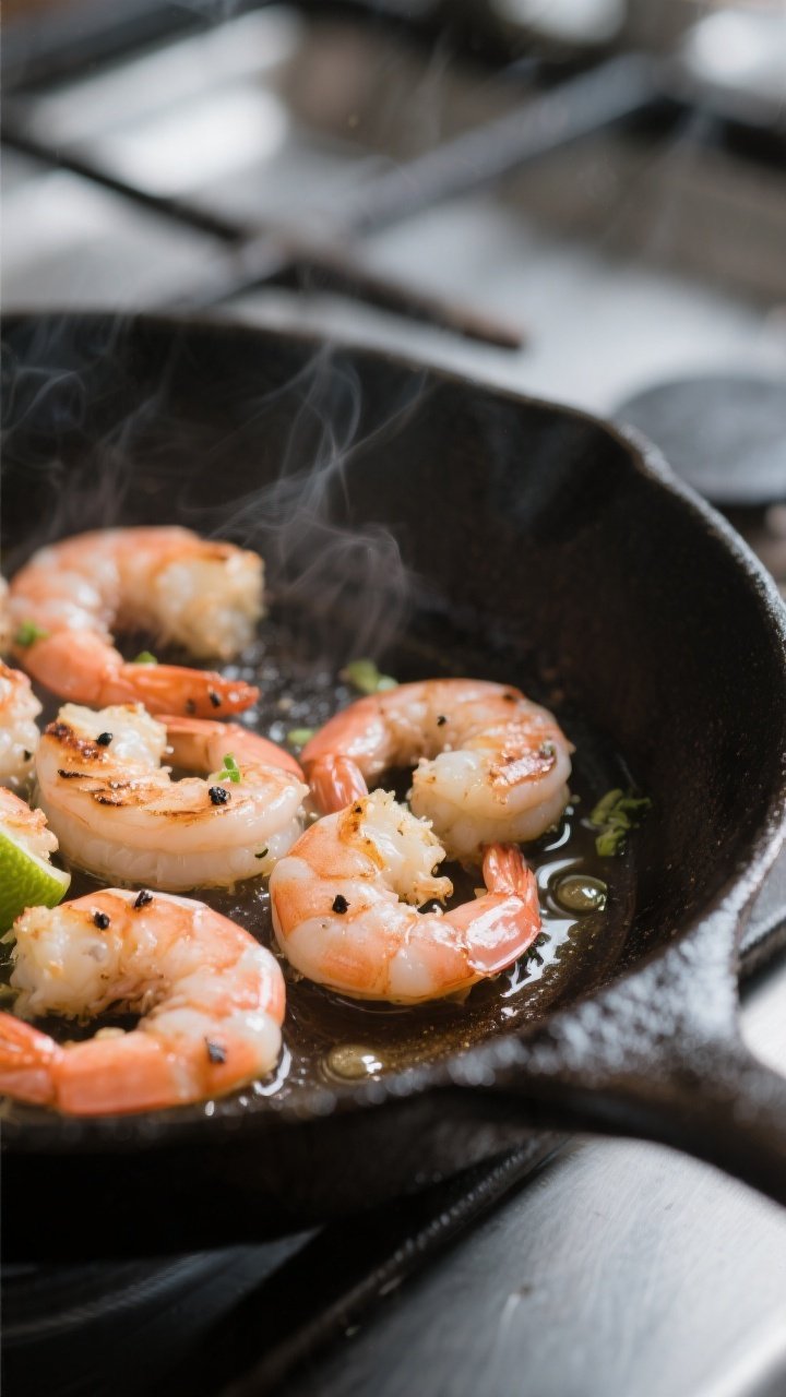 Cooking process close-up: Searing shrimp in a hot skillet, shrimp just turned opaque and lightly pin