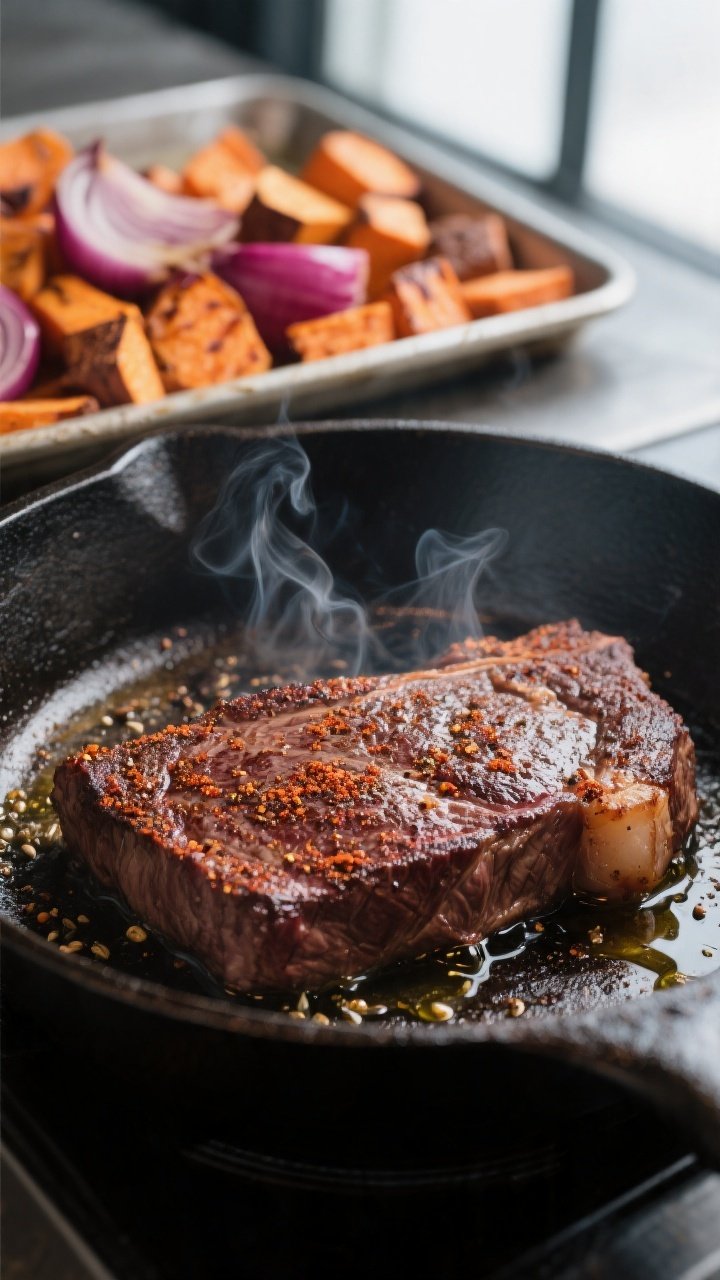 Cooking process, close-up: Searing spice-rubbed flank steak in a screaming-hot cast-iron skillet, de