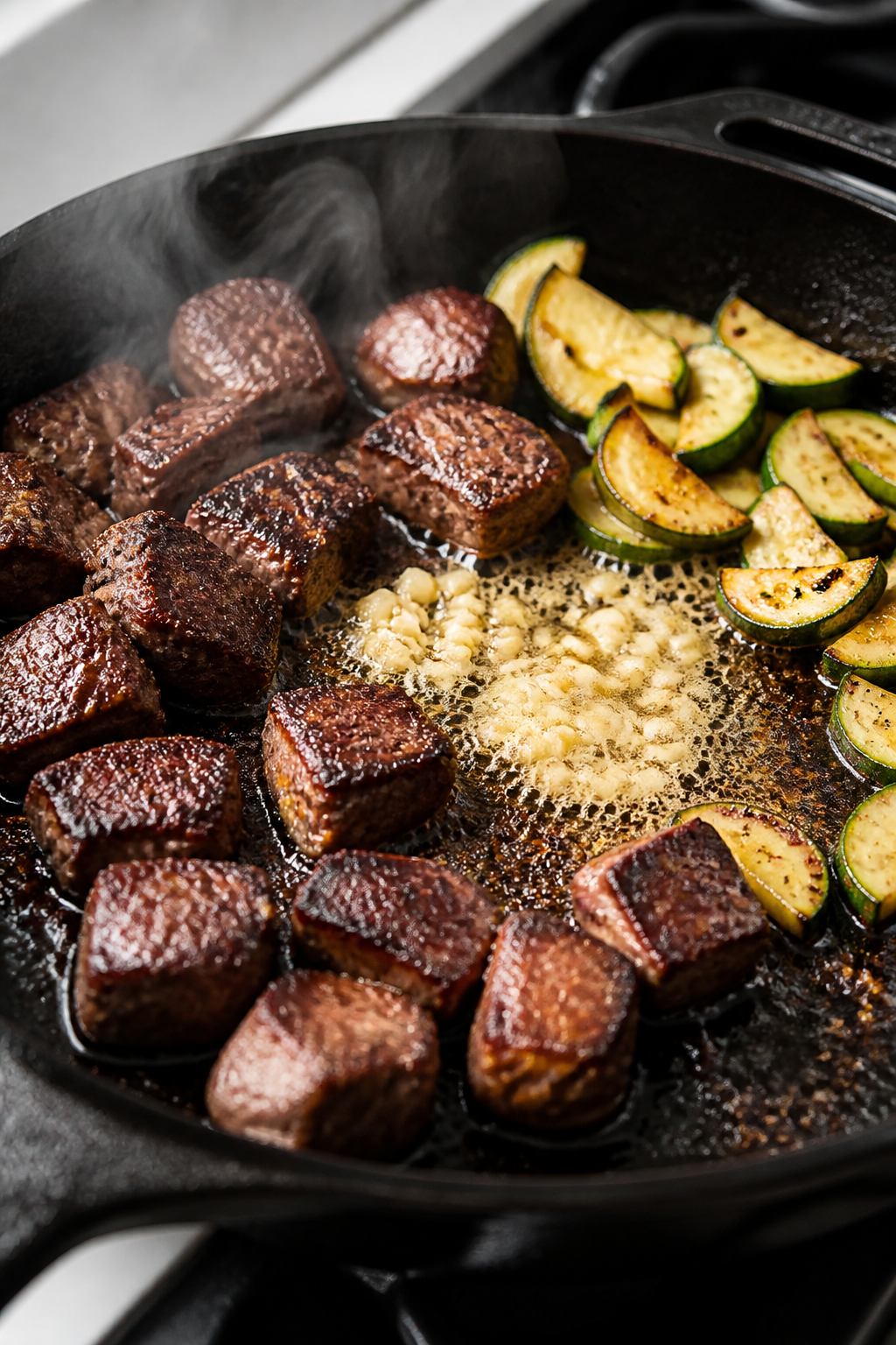 Cooking process close-up: Searing steak cubes in a cast-iron skillet over medium-high heat, deep mah