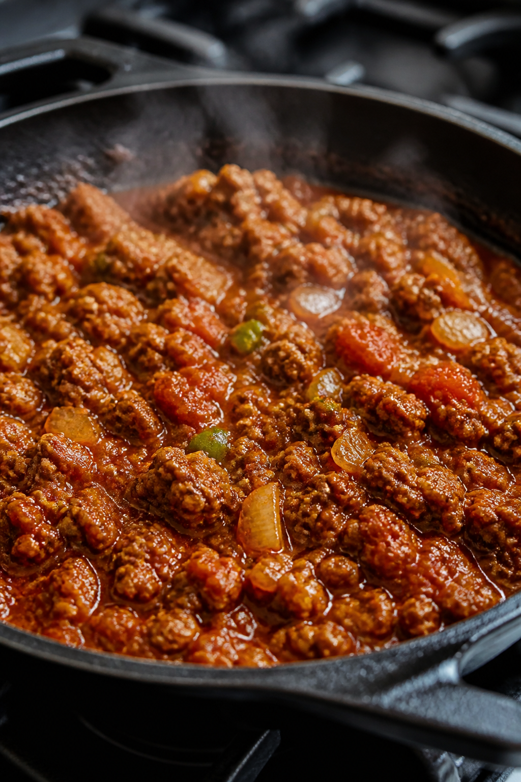 Cooking process close-up: Seasoned ground beef simmering in salsa and tomato paste with green chiles