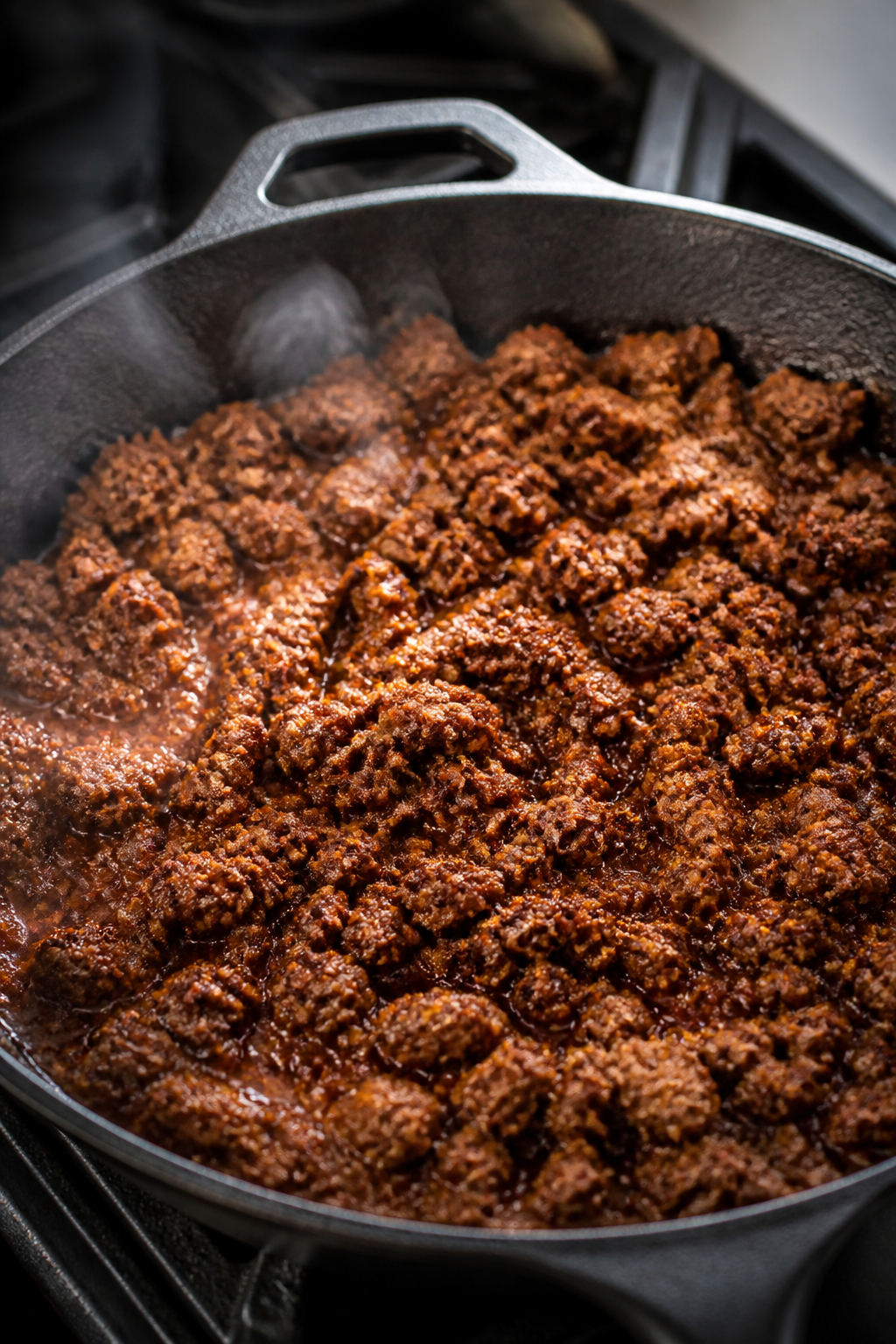 Cooking process close-up: Seasoned ground beef sizzling in a cast-iron skillet, deeply browned crumb