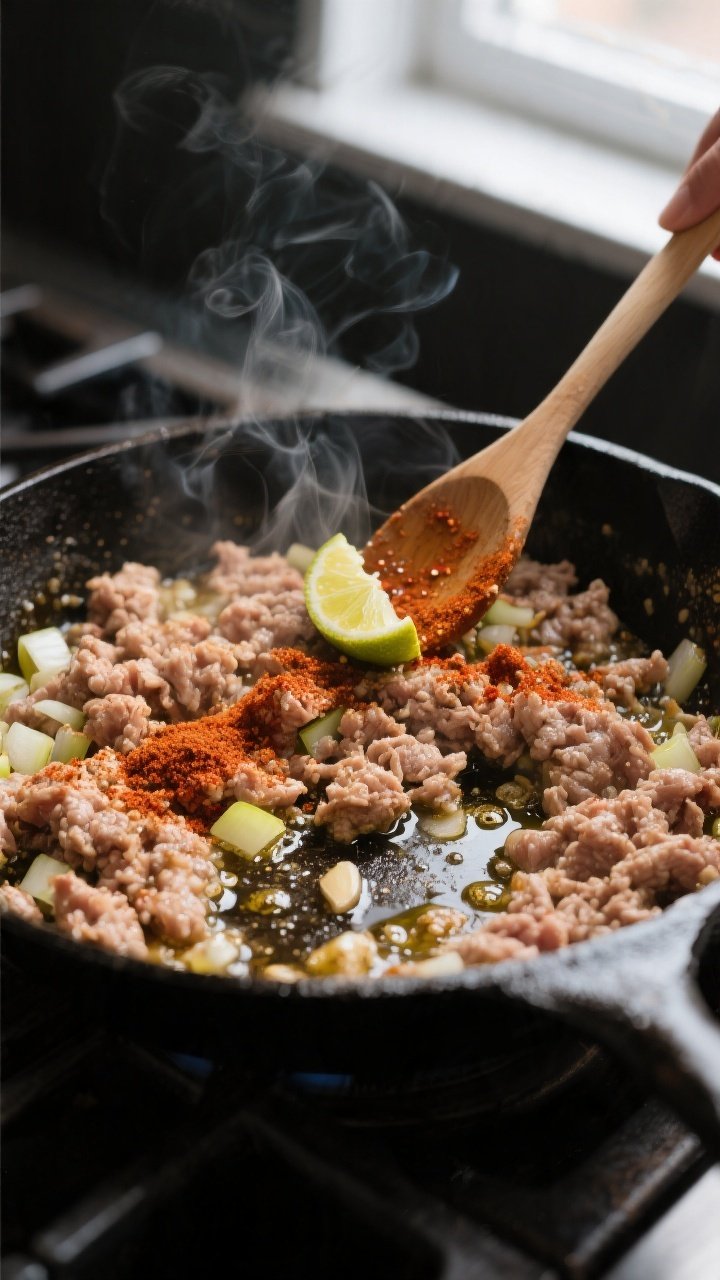 Cooking process close-up: Seasoned ground turkey sizzling in a cast-iron skillet, glistening with ol