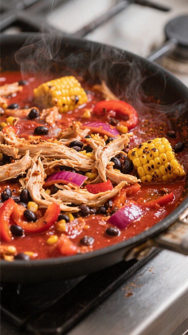 Cooking process close-up: Shredded chicken, black beans, and sautéed bell peppers and red onion sim
