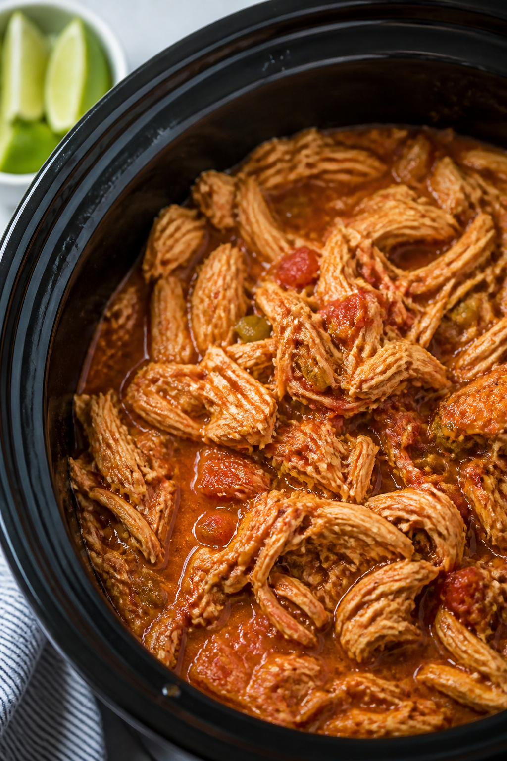 Cooking process close-up: Shredded Crockpot chicken just returned to the slow cooker, glistening and