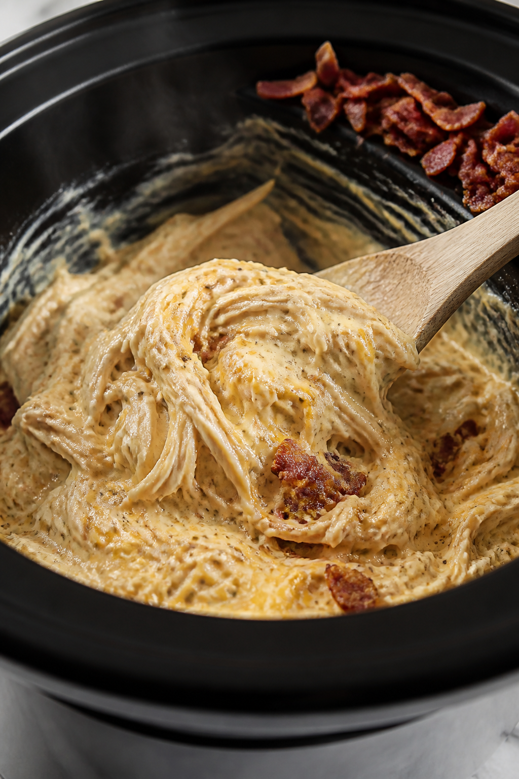 Cooking process close-up: Shredded slow-cooker crack chicken being folded back into a glossy, creamy
