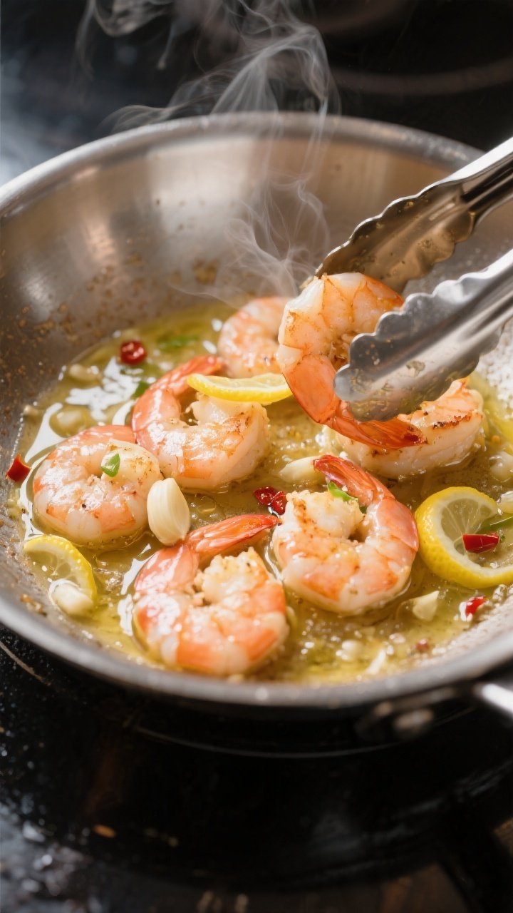 Cooking process close-up: Shrimp scampi in a stainless-steel skillet mid-simmer, glossy butter-olive