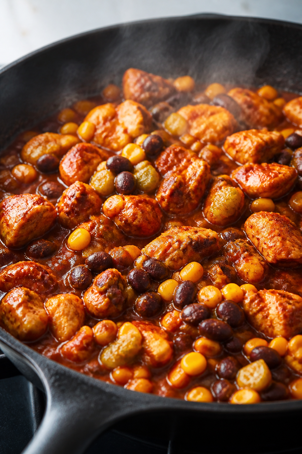 Cooking process, close-up: Sizzling chicken enchilada skillet mid-cook, showing bite-size seasoned c